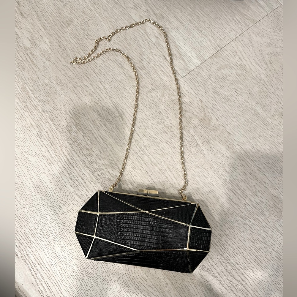 BCBG Maxazria black and gold evening clutch